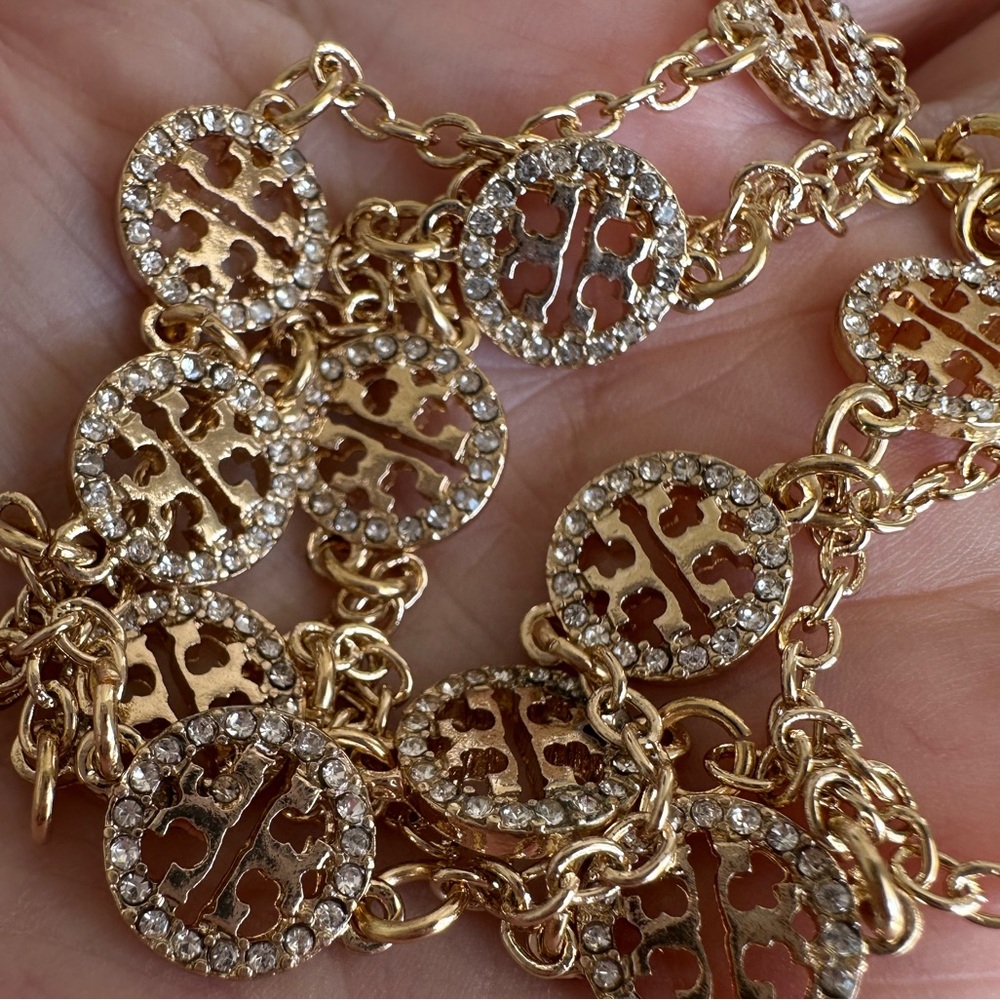 Tory Burch gold crystal pave triple strand logo bracelet - Picture 7 of 8